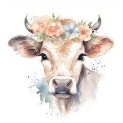 Whimsical Watercolor Cow with Flower Crown - Children's Illustration - Generative AI