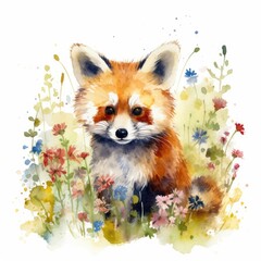 Watercolor Painting of a Playful Red Panda in a Colorful Flower Field - Wildlife Art - Ideal for Art Prints and Greeting Cards - Generative AI