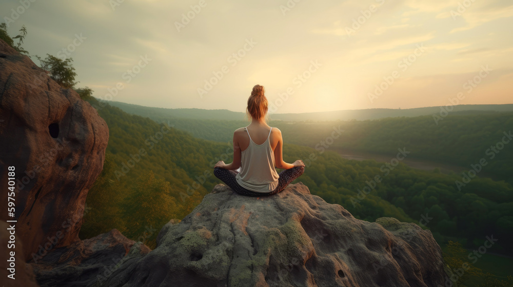 Sticker Young woman meditating on top of a mountain. Generative AI