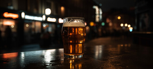 Glass of beer, on the bar table, at night, with city lights in the background. Generative AI. 