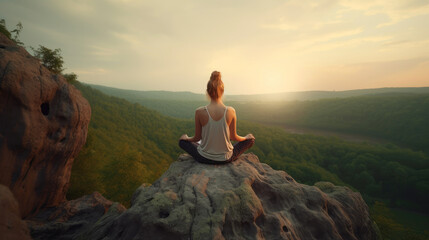 Young woman meditating on top of a mountain. Generative AI