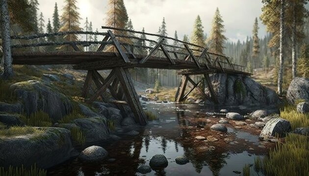 little bridge over the river in the wilderness in the pines