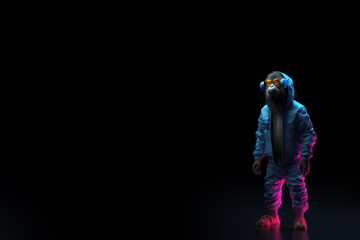 Obraz na płótnie Canvas stylish macaque in headphones on a dark neon light background, copy space, Generative AI
