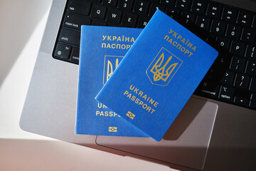 Biometric Ukrainian passport close up. Document used to travel outside Ukraine