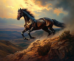 Black Horse on a Top of Hill at Sunset .AI generated Illustration.
