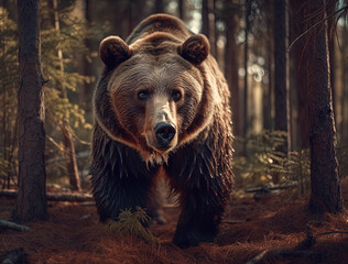  Grizzly Bear Walking in the Woods. AI generated Illustration.