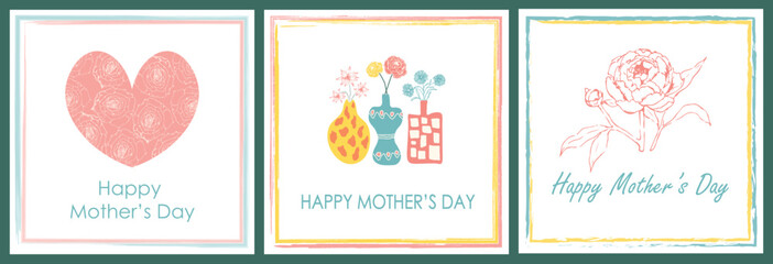 Mothers day set vector greeting cards. Happy Mother's Day floral illustration label, poster, banner and card. Roses, hearts, flowers, pink, flower vase. Hand drawn pastel card collection background