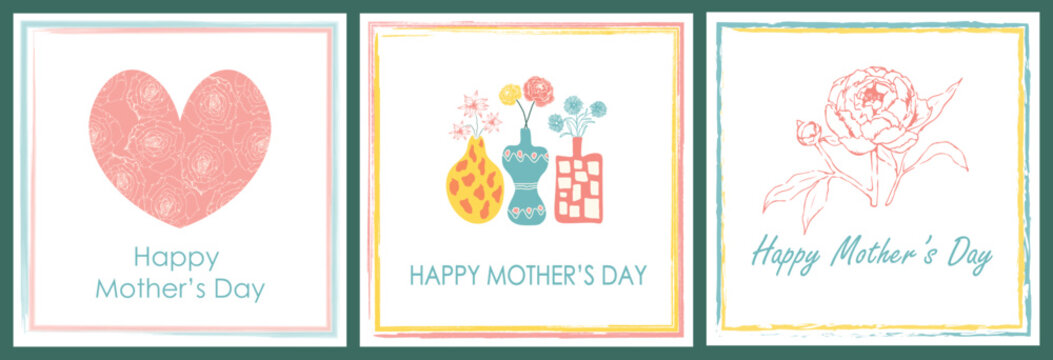 Mothers day set vector greeting cards. Happy Mother's Day floral illustration label, poster, banner and card. Roses, hearts, flowers, pink, flower vase. Hand drawn pastel card collection background