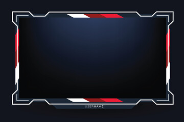 Stream overlay. Dark theme gaming video template with game screen, live chat and webcam frames Twitch stream panel overlay template. Digital streaming screen interface © Tanu