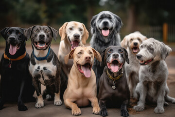 Dynamic Group of Dogs with Playful Expressions Outside