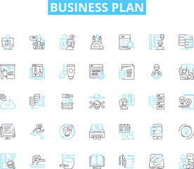 Business plan linear icons set. Strategy, Profitability, Marketing, Analysis, Forecasting, Funding, Goals line vector and concept signs. Expansion,Investment,Execution outline illustrations