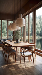 Fototapeta premium A dining room with a wooden table and chairs. AI generative. Norway house