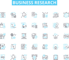 Business research linear icons set. Analysis, Trends, Insights, Survey, Data, Market, Strategy line vector and concept signs. Competitors,Competitive,SWOT outline illustrations