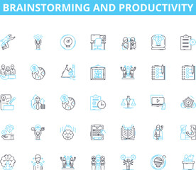 Brainstorming and productivity linear icons set. Innovation, Creativity, Collaboration, Ideas, Efficiency, Focus, Motivation line vector and concept signs. Generative AI