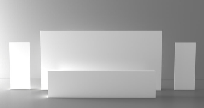 Welcome desk. Info desk, counter, event area, welcome counter mockup, registration stand. Mockup for events, exhibitions and presentations. Reception desk mockup.