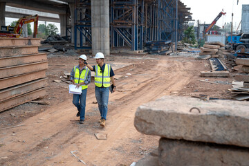 The expressway engineering team inspected the construction work. Asian architects and mature...