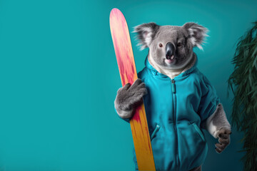 koala in hoodie holds a snowboard on a blue background, Generative AI - obrazy, fototapety, plakaty