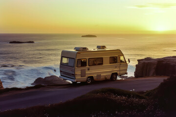 Generative AI illustration of RV trailer parked in a field next to the ocean with sunset light in holidays