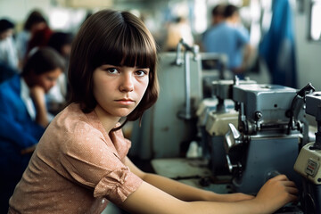 Fototapeta premium Generative AI illustration of A young woman works with bangs at a garment factory among machine tools sewing clothes