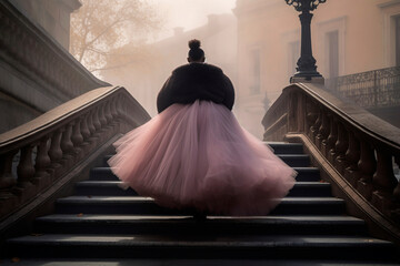 Generative AI illustration of plus size beautiful and happy black woman walking down the street with a pink tulle skirt - obrazy, fototapety, plakaty