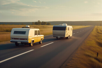 Generative AI illustration of RV trailer driving on the road at sunset in holidays