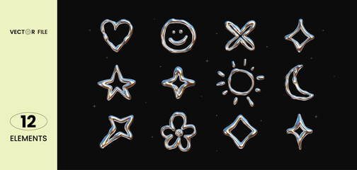 Vector illustration - Set of chrome Y2K elements. Trendy shapes with  glossy liquid metal effect. Stickers heart, stars, smile, sun, moon, flowers. Great for your design web or print projects. - obrazy, fototapety, plakaty
