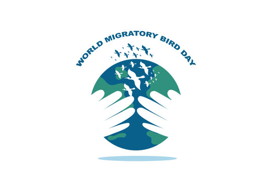 World Migratory Bird Day.May 8th. Map of the world with the migration routes of birds in light tone on earth background, with text of world migratory bird day