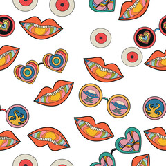 Naklejka premium seamless multicolored psychedelic pattern with different elements in the retro hippie style of the 60s - 70s. Vector graphics.
