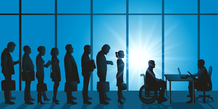 Concept de l’inégalité pour les personnes handicapées avec un homme en fauteuil roulant qui passe un entretien d’embauche.