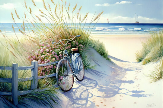 Summer Serenity: A Watercolor Painting of an Ocean Summer Scene with a Beach, Fence, Bike.