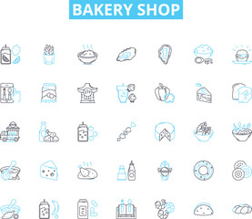 Fototapeta premium Bakery shop linear icons set. Fresh, Delicious, Sweet, Savory, Flaky, Aromatic, Gourmet line vector and concept signs. Artisan,Classic,Unique outline illustrations Generative AI