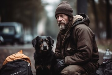 Fototapeta premium Life on the Fringes: Homeless, Drug-Addicted Man with Exhausted Dog