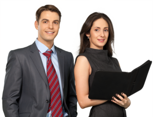 Friendly Coworkers Standing and Smiling, Businesswoman Holding Organizer - Isolated
