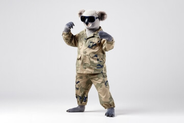 Fototapeta premium epic koala in military uniform and glasses on white background, Generative AI