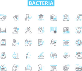 Bacteria linear icons set. Microbes, Pathogens, Germs, Prokaryotes, Virulence, Antibiotics, Plasmids line vector and concept signs. Pathogenesis,Endospores,Pili outline illustrations Generative AI - obrazy, fototapety, plakaty