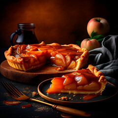 A warm slice of tarte Tatin, with caramelized apples and a buttery pastry crust - obrazy, fototapety, plakaty
