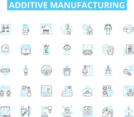 Additive manufacturing linear icons set. D printing, Layering, Polymerization, Filament, Resin, Laser, Retraction line vector and concept signs. Extrusion,Sintering,Rapid prototyping Generative AI - obrazy, fototapety, plakaty