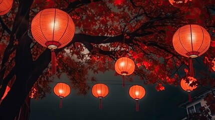 Paper lantern festival during autumn, Germany Paper Lantern Festival, Night ceremony with a lot of vintage lamps and candles on big tree