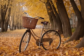 Fototapeta premium A bicycle is under the trees during autumn season, beautiful landscape image with Bicycle under the tree