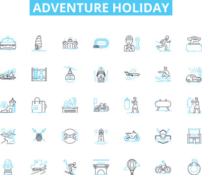 Adventure holiday linear icons set. Thrill, Explore, Adrenaline, Risk, Expedition, Safari, Trek line vector and concept signs. Journey,Travel,Challenge outline illustrations Generative AI