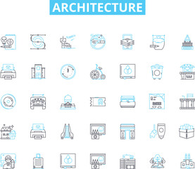 Architecture linear icons set. Form, Function, Design, Space, Structure, Innovation, Aesthetics line vector and concept signs. Materiality,Sustainability,Urbanism outline illustrations