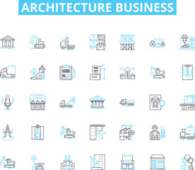 Architecture business linear icons set. Design, Construction, Planning, Interiors, Modernism, Sustainability, Engineering line vector and concept signs. Urbanism,Artistry,Innovation outline