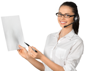 Woman Talking on Headset and Presenting Blank Sheet of Paper - Isolated