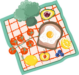 Picnic day. Hand drawn picnic  basket, drinks, Fruits, cups, plates, food, Element