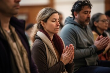 Fototapeta premium Lady meditating with hands in prayer, Generative Ai