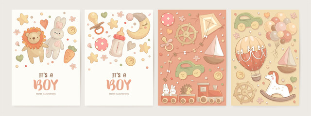 Fototapeta na wymiar Set of baby shower invitation with hand drawn cartoon toys. It's a boy. Vector illustration
