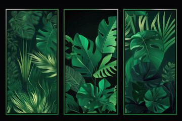 Exotic leaves frame. Tropical leaf border, nature summer frames and luxury palm leaves borders. Green rainforest leaf banner. Vector design background set. Ai generative