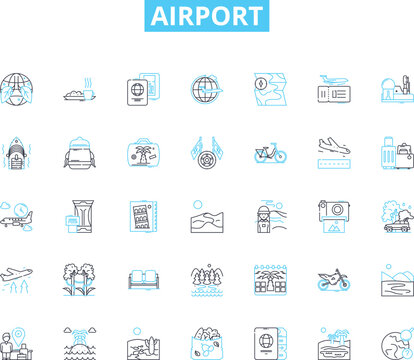 Airport linear icons set. Departure, Arrival, Security, Baggage, Terminal, Runway, Boarding line vector and concept signs. Gate,Customs,Immigration outline illustrations Generative AI