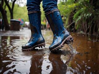 A pair of rain boots splashing through puddles on a rainy spring day