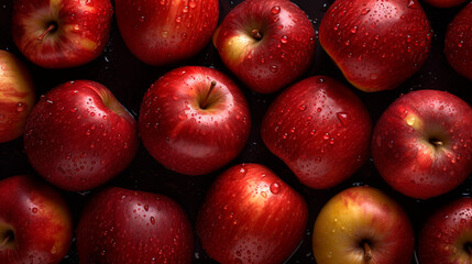 Fototapeta na wymiar Many ripe juicy red apples covered with water drops top view image. Generative ai